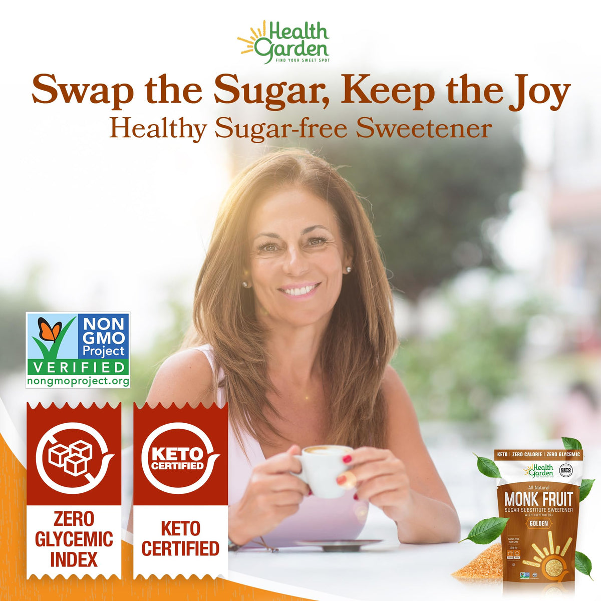 Health Garden Golden Monk Fruit Sweetener – 2.5lb Bag, 1:1 Sugar Substitute with Erythritol | Zero Calorie, Keto Friendly