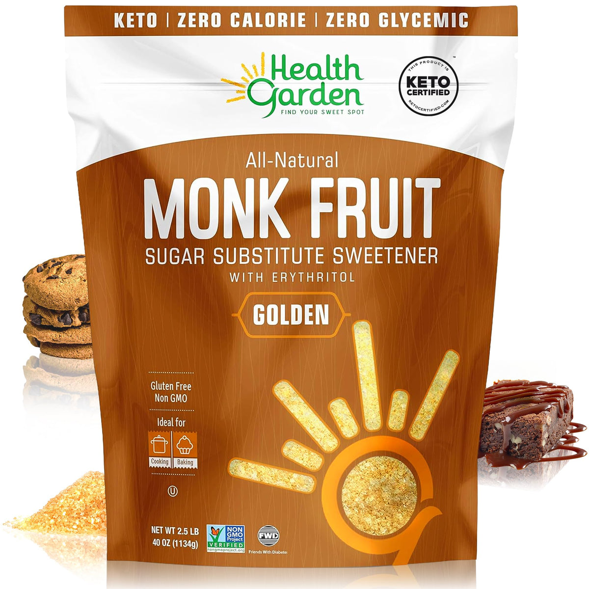 Health Garden Golden Monk Fruit Sweetener – 2.5lb Bag, 1:1 Sugar Substitute with Erythritol | Zero Calorie, Keto Friendly