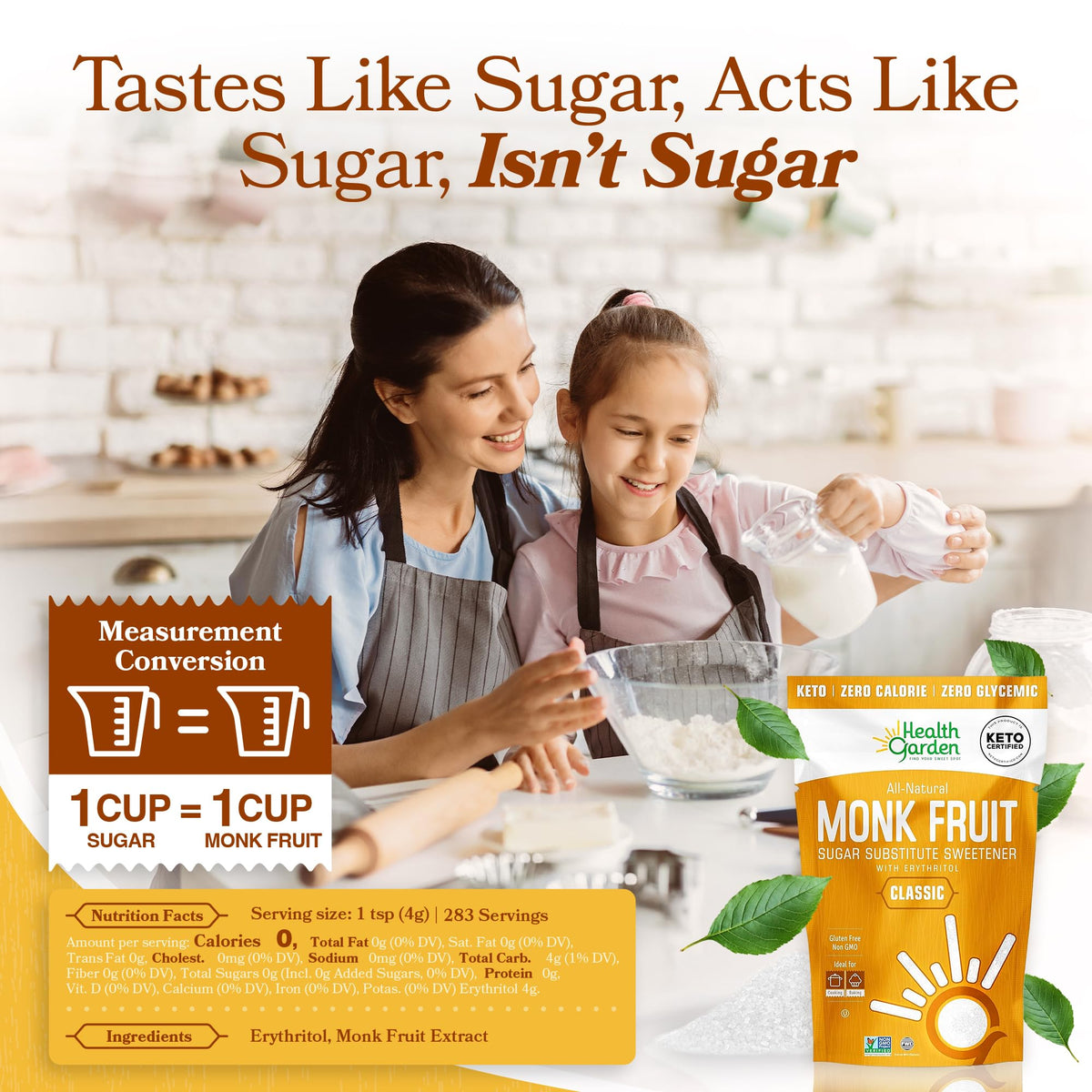 Health Garden Monk Fruit Sweetener 40oz – 1:1 Sugar Substitute, Keto, Zero Calorie