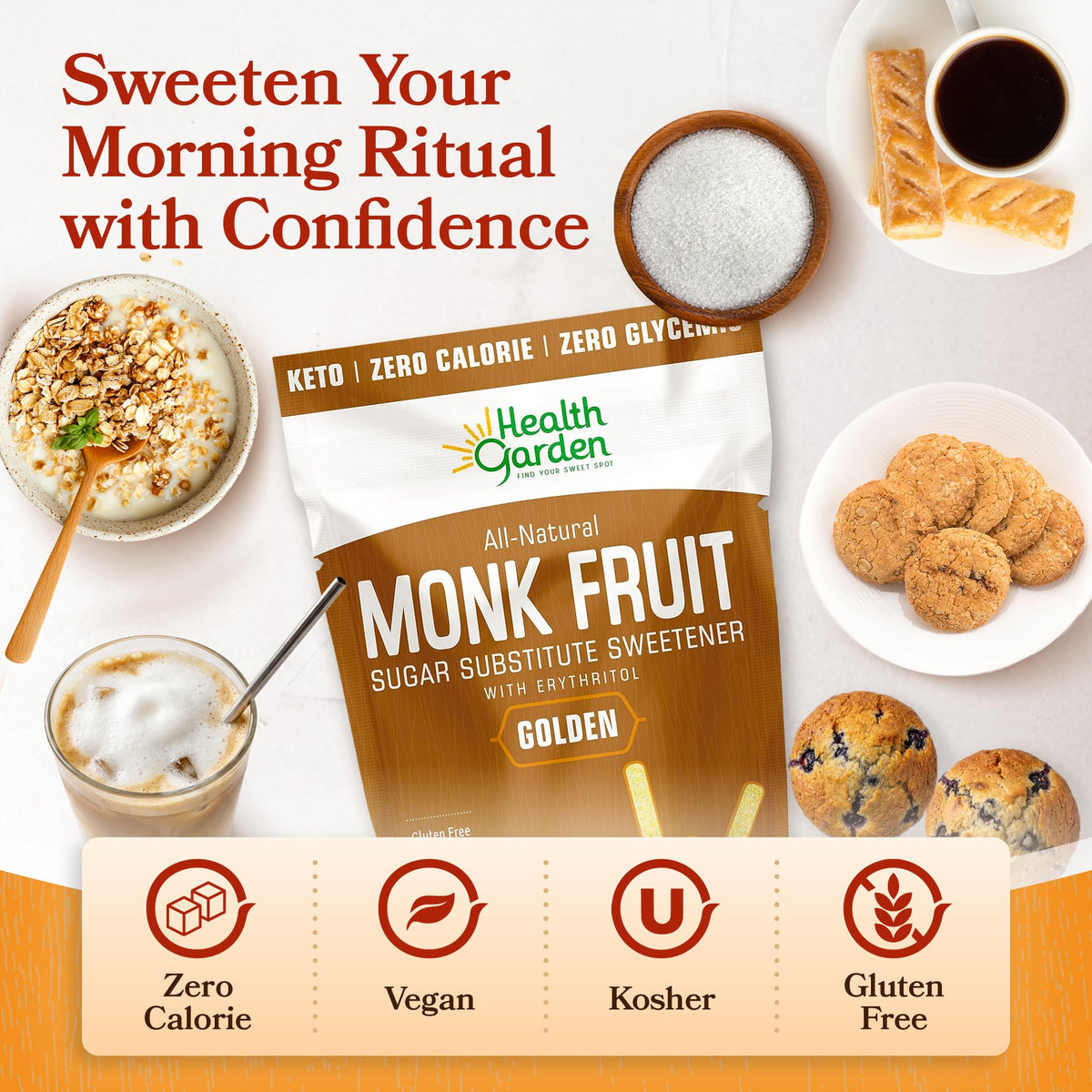 Health Garden Golden Monk Fruit Sweetener – 2.5lb Bag, 1:1 Sugar Substitute with Erythritol | Zero Calorie, Keto Friendly
