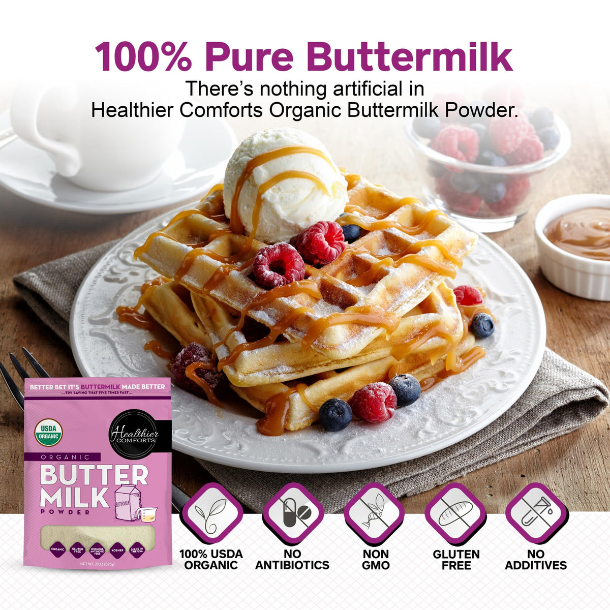 Healthier Comforts Organic Buttermilk Powder | USDA Organic, Kosher, Gluten Free, Non-GMO | 21oz