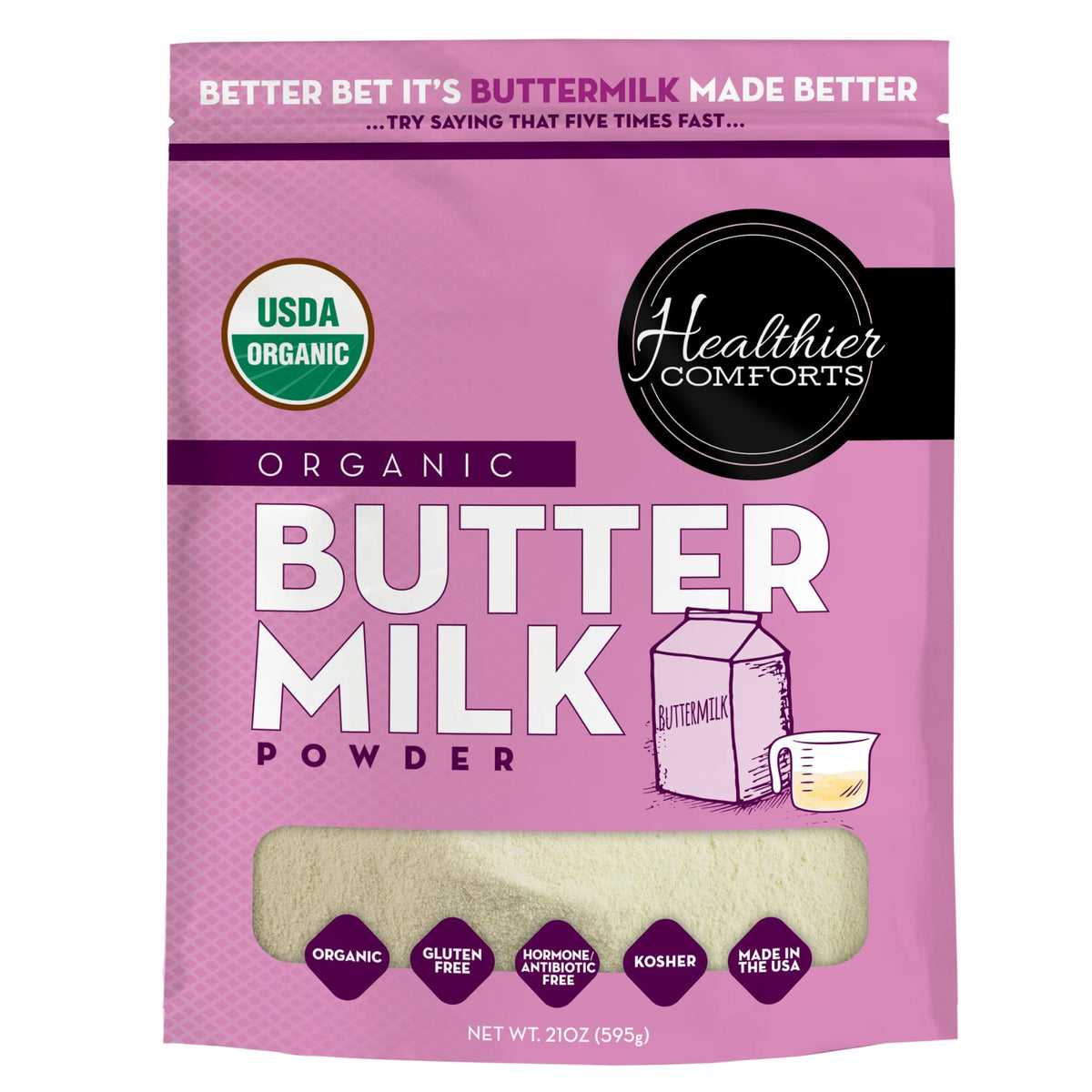 Healthier Comforts Organic Buttermilk Powder | USDA Organic, Kosher, Gluten Free, Non-GMO | 21oz