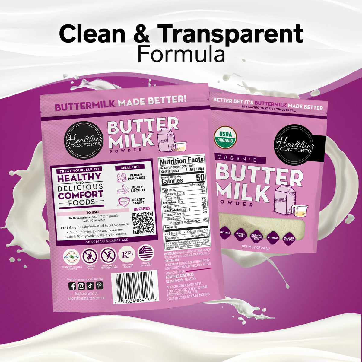Healthier Comforts Organic Buttermilk Powder | USDA Organic, Kosher, Gluten Free, Non-GMO | 21oz