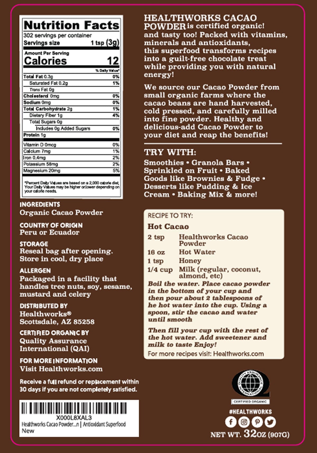 Healthworks Organic Cacao Powder – 32 oz, Peruvian Origin, Sugar-Free, Keto & Vegan