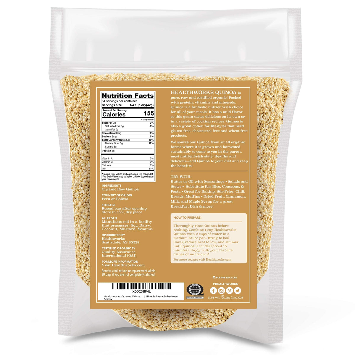 Healthworks Organic Quinoa White Whole Grain - 80 oz | Plant-Based Protein & Fiber