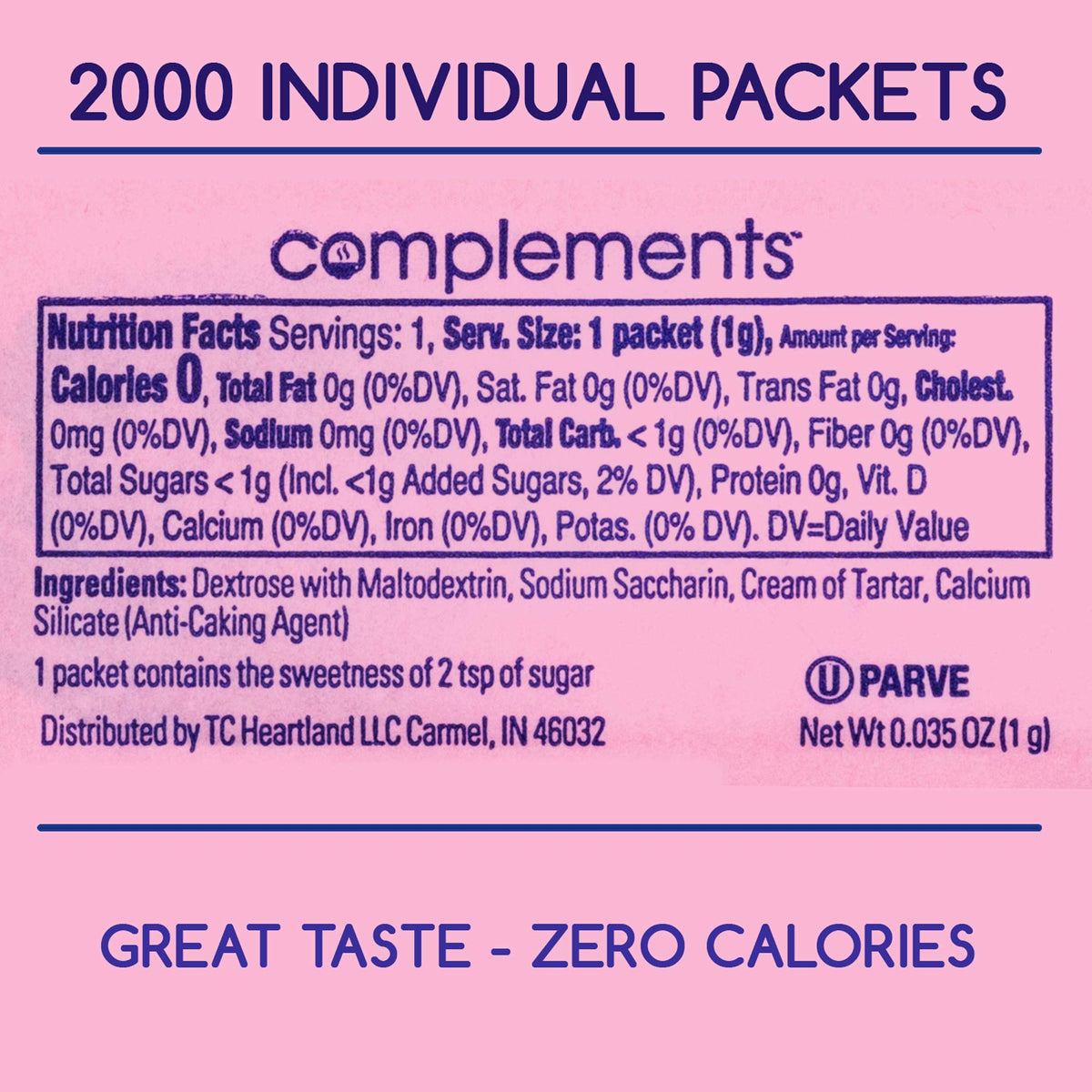 HEARTLAND Complements Zero Calorie Pink Saccharin Packets | 2000 Count Bulk