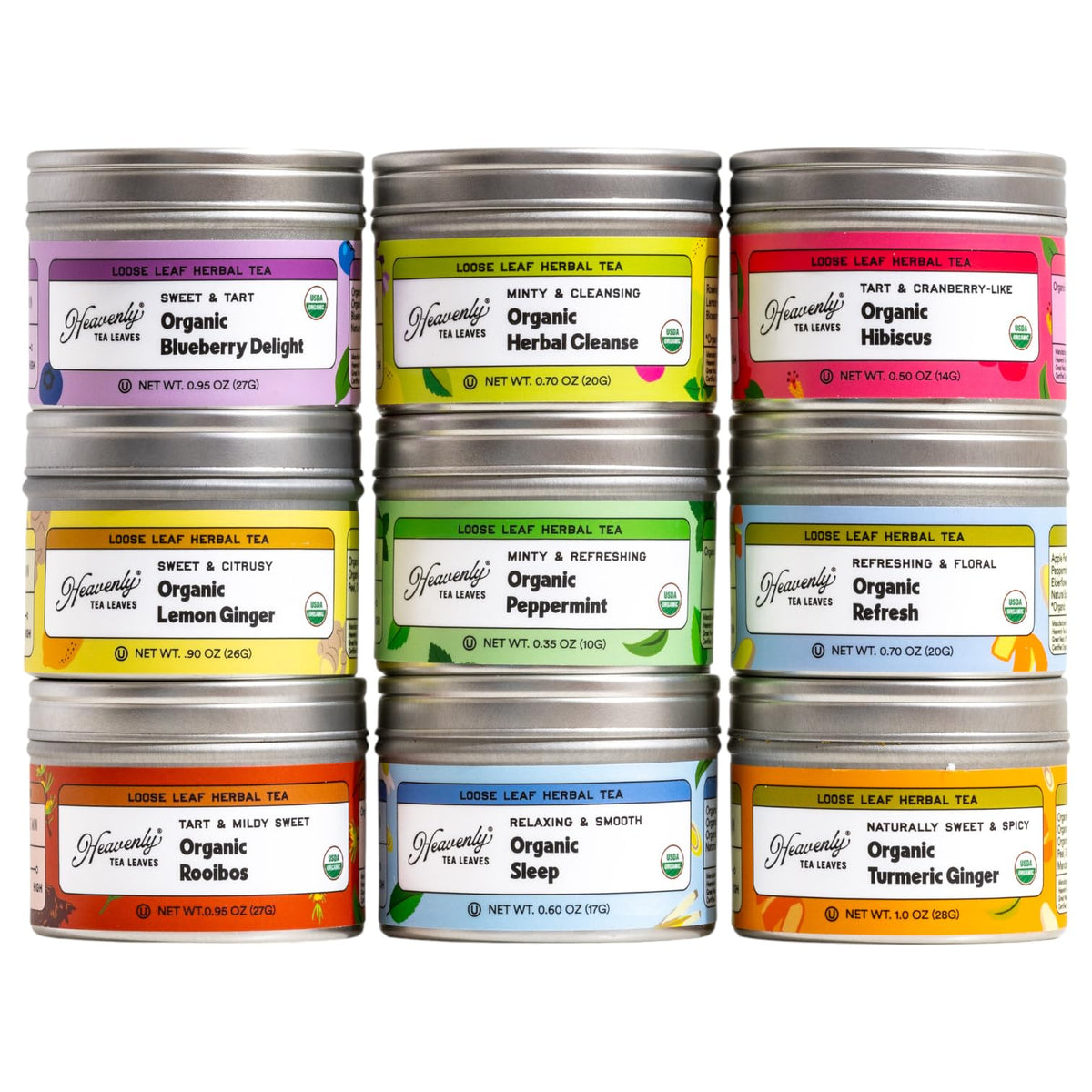 Heavenly Tea Leaves Organic Herbal Tea Sampler – 9 Flavors, Caffeine Free