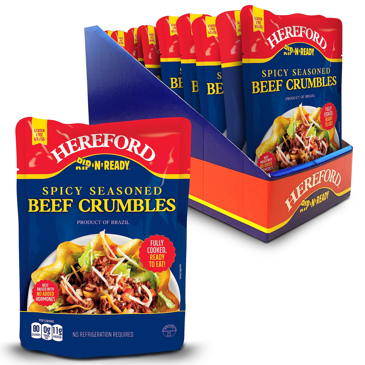 Hereford Spicy Seasoned Beef Crumbles – Fully Cooked, Halal, Shelf-Stable, 6 oz (Case of 12)