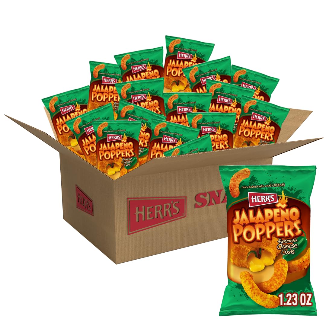 Herr's Jalapeño Poppers Cheese Curls – Cheddar & Mild Heat, 1.23 oz, Pack of 24