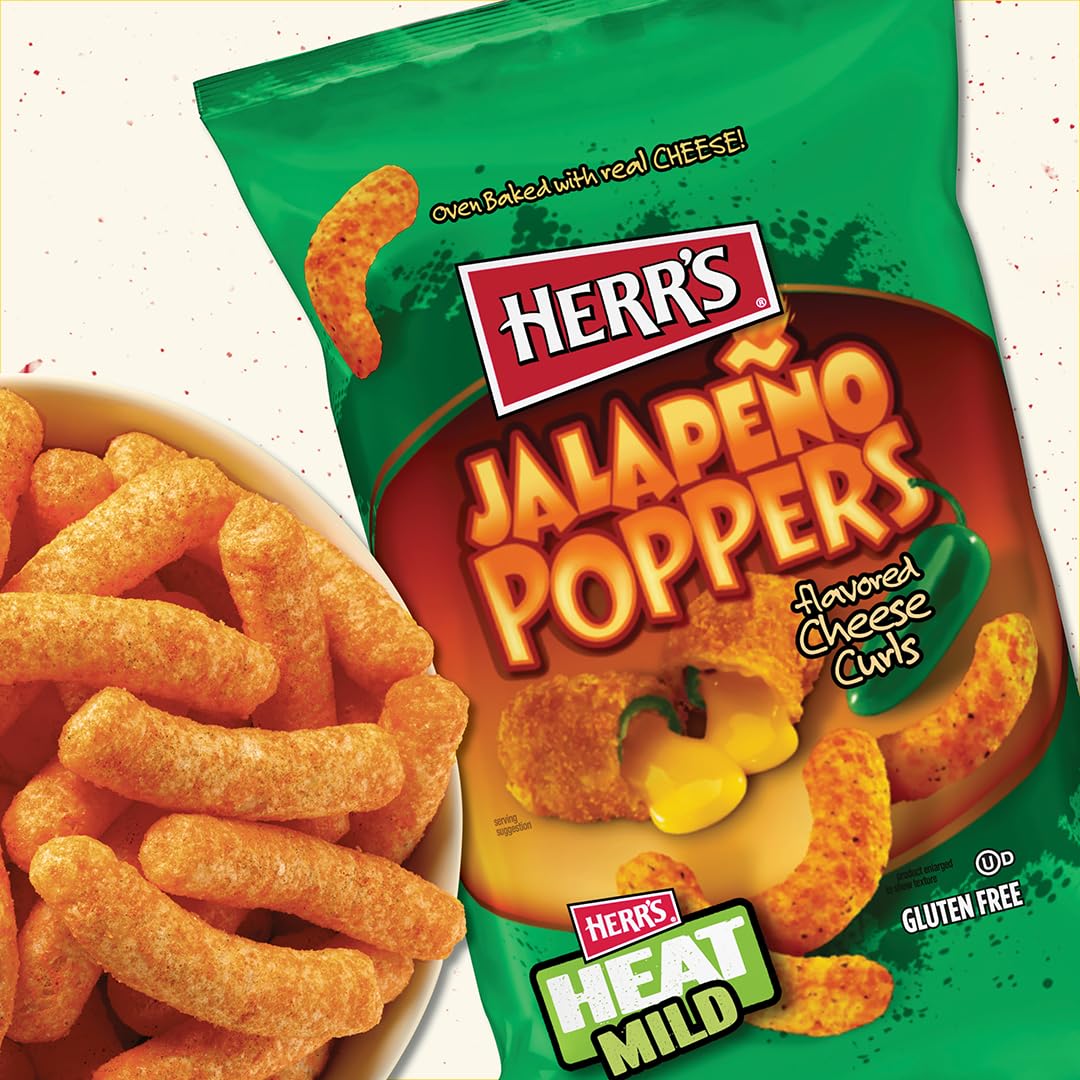 Herr's Jalapeño Poppers Cheese Curls – Cheddar & Mild Heat, 1.23 oz, Pack of 24