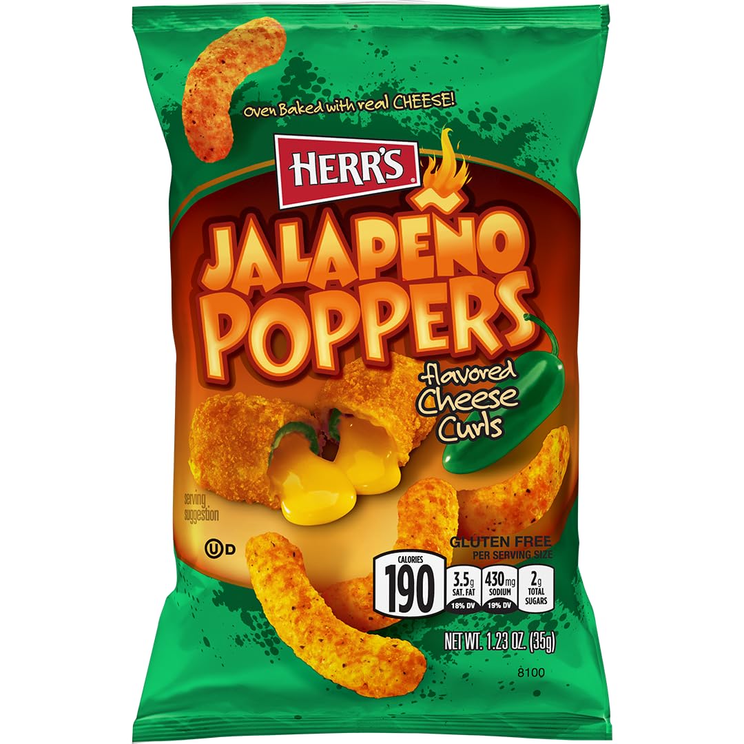 Herr's Jalapeño Poppers Cheese Curls – Cheddar & Mild Heat, 1.23 oz, Pack of 24