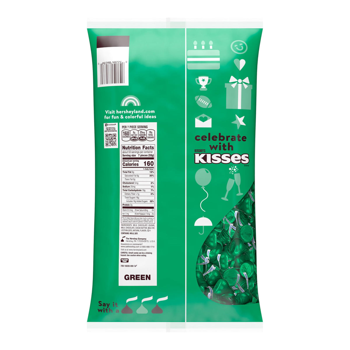 Hershey's KISSES Milk Chocolate Candy Bulk Bag, 60 oz – Green Foil Treats for Parties & Gifts