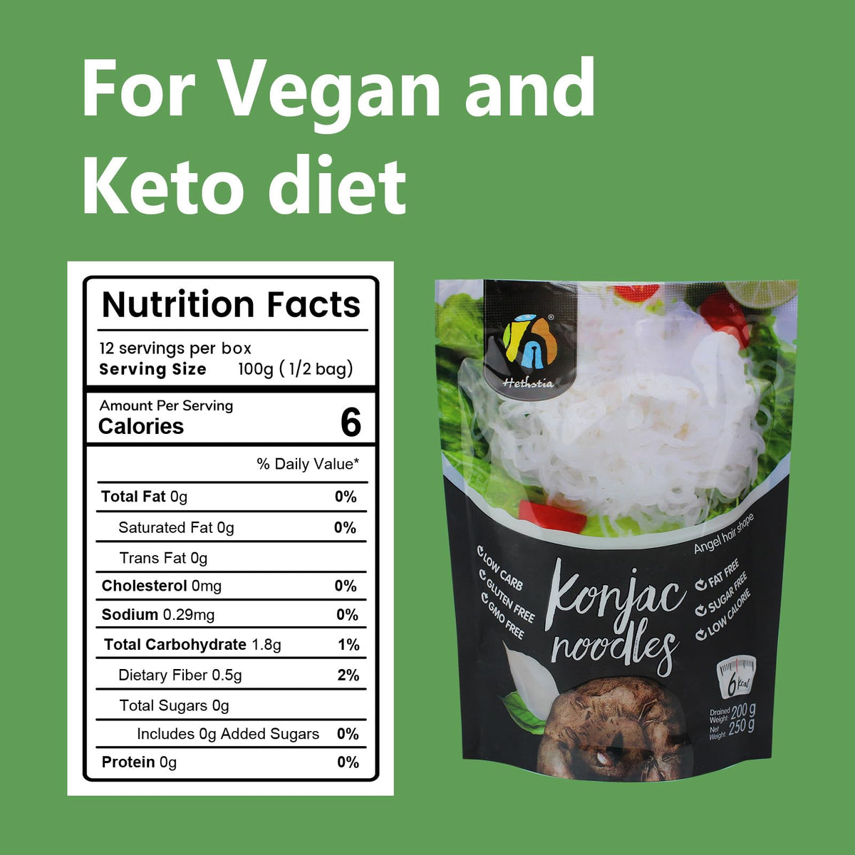 Hethstia Konjac Noodles Angel Hair – 6-Pack Shirataki Noodles, Low Calorie, Gluten-Free & Keto Friendly