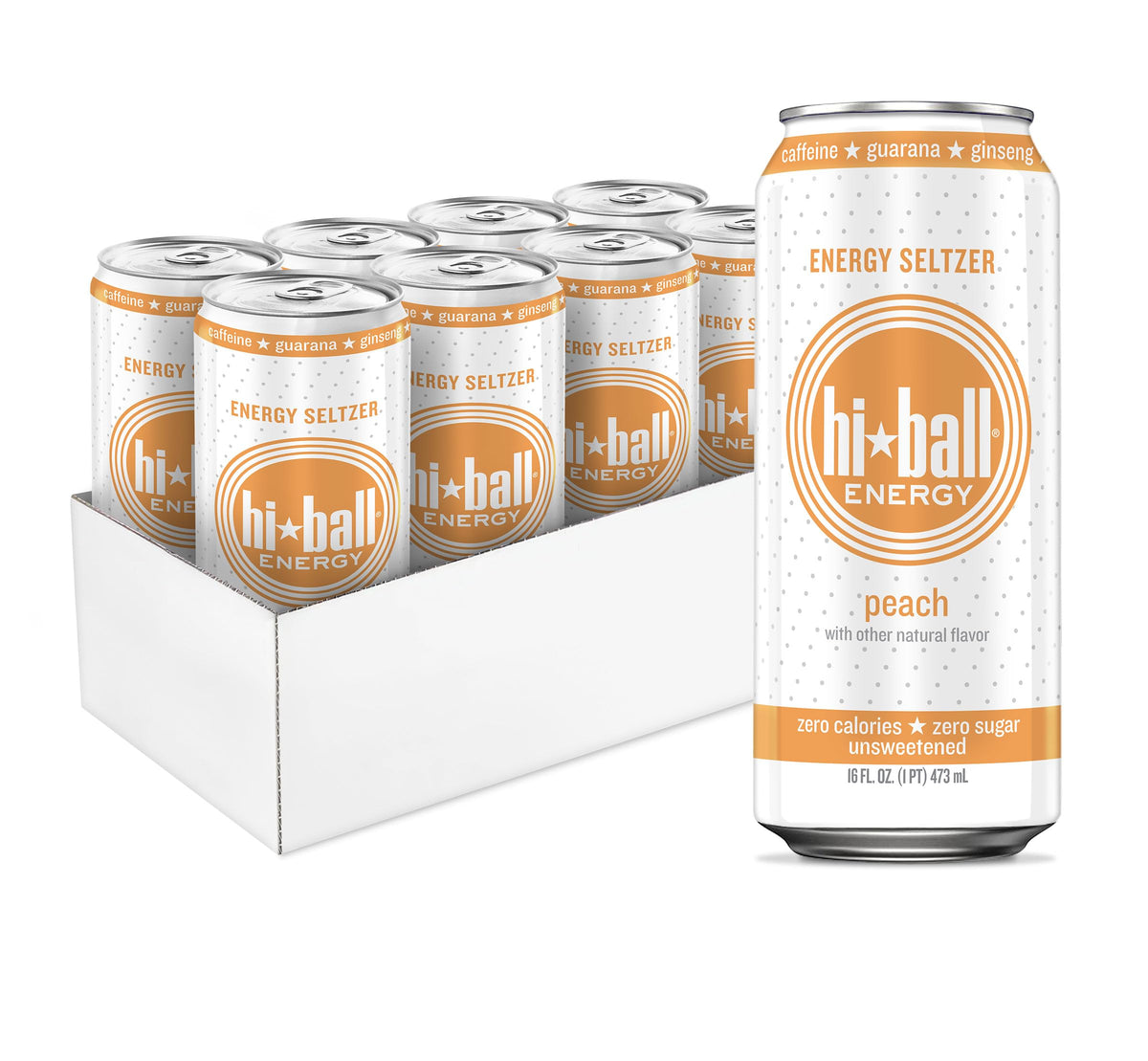 Hiball Peach Clean Energy Drink – Zero Sugar, 160mg Caffeine, 50mg Ginseng & Guarana (16 oz, 8-pack)