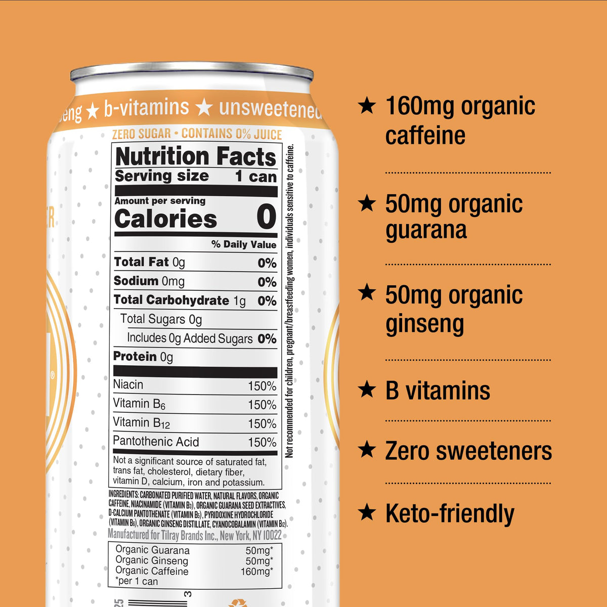 Hiball Peach Clean Energy Drink – Zero Sugar, 160mg Caffeine, 50mg Ginseng & Guarana (16 oz, 8-pack)