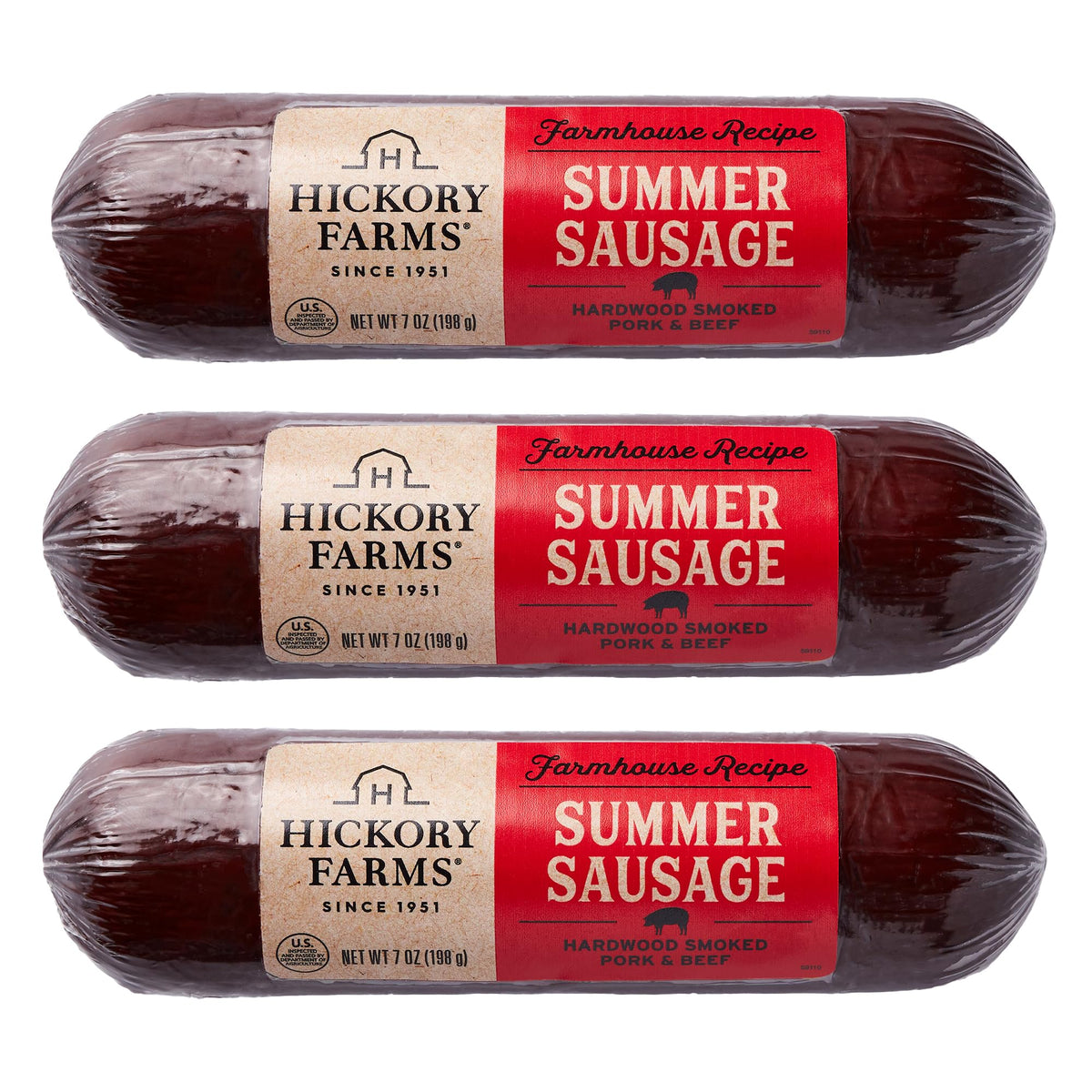 Hickory Farms Farmhouse Summer Sausage 3-Pack – Premium Pork & Beef, Gluten Free, Shelf-Stable