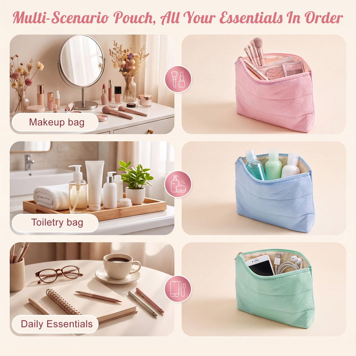 Hillban 6 Pcs Small Puffy Makeup Bags for Women, Zipper,Bright Color
