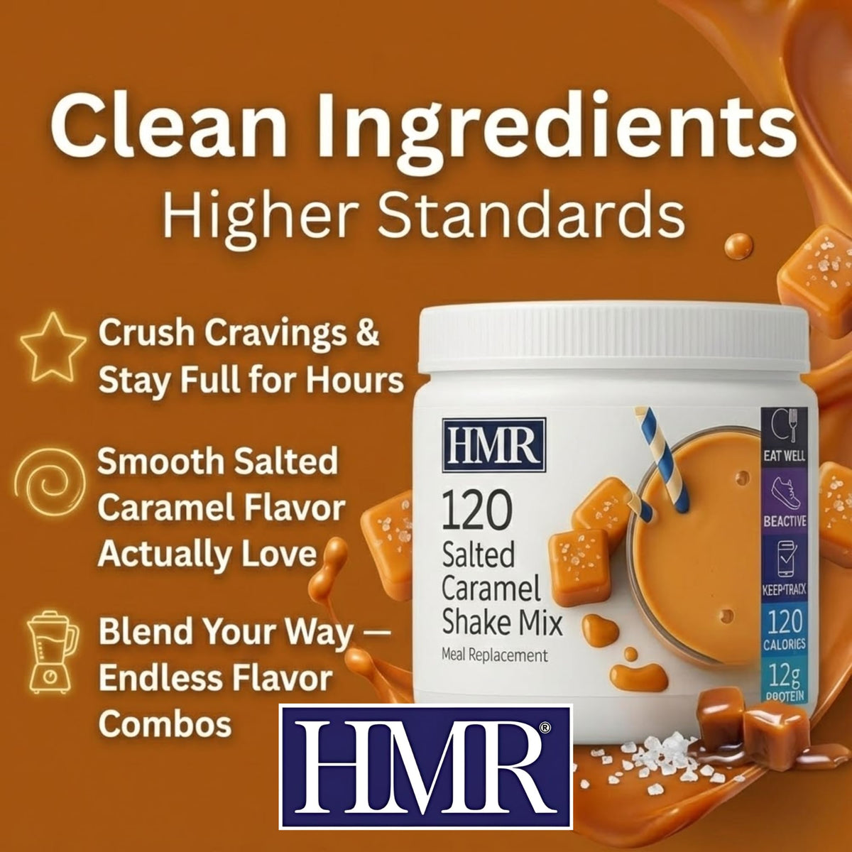 HMR 120 Shake Meal Replacement Powder – Salted Caramel, 12g Protein, 120 Calories, 12 Servings
