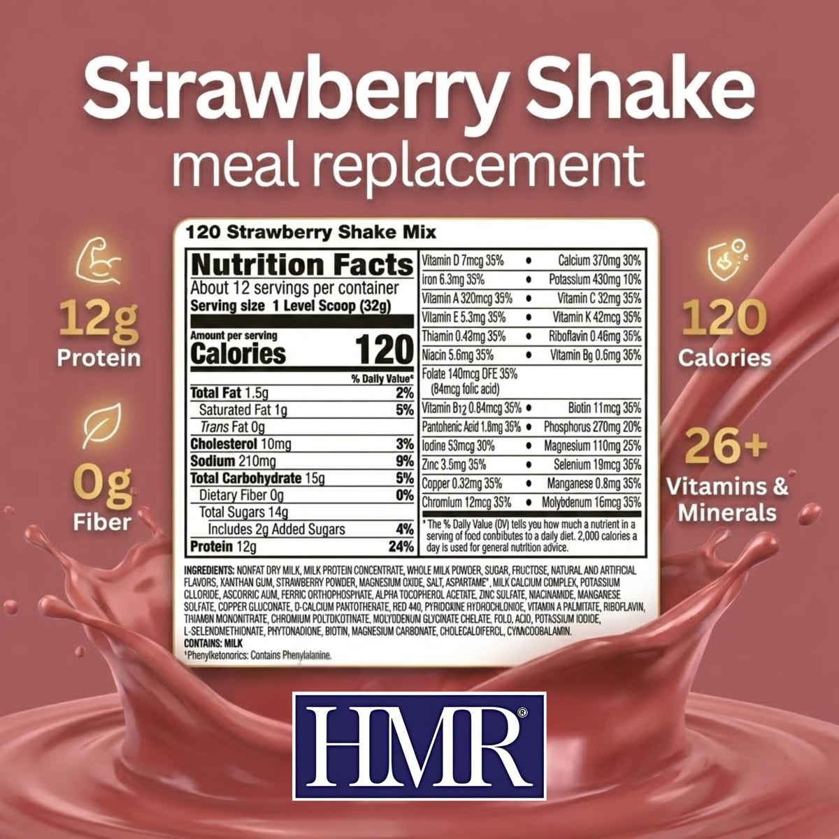 HMR 120 Shake Meal Replacement Powder | Strawberry Shake Mix to Support Healthy Weight Loss | 12g Protein | 120 Calories per Serving | 12 Servings