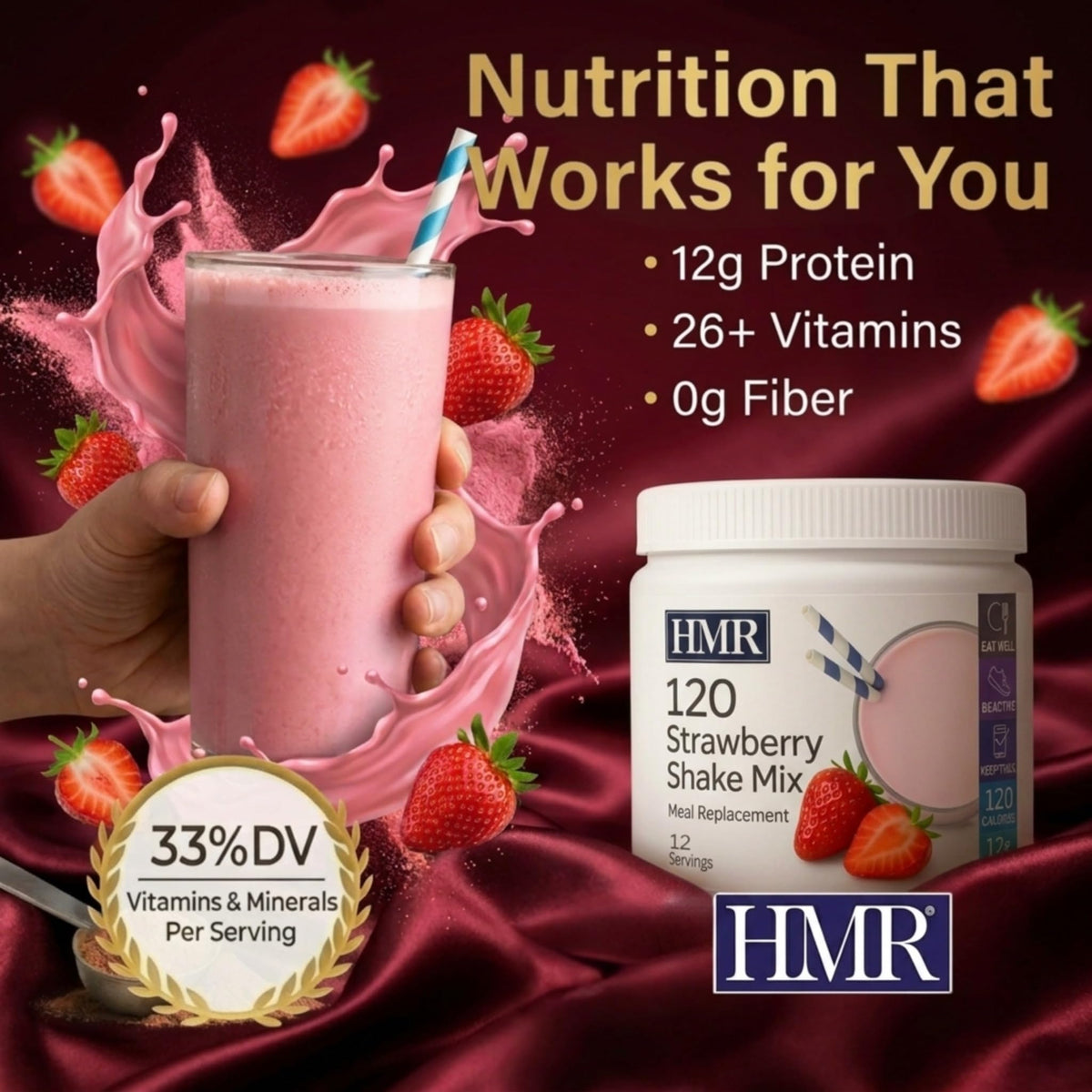 HMR 120 Shake Meal Replacement Powder | Strawberry Shake Mix to Support Healthy Weight Loss | 12g Protein | 120 Calories per Serving | 12 Servings