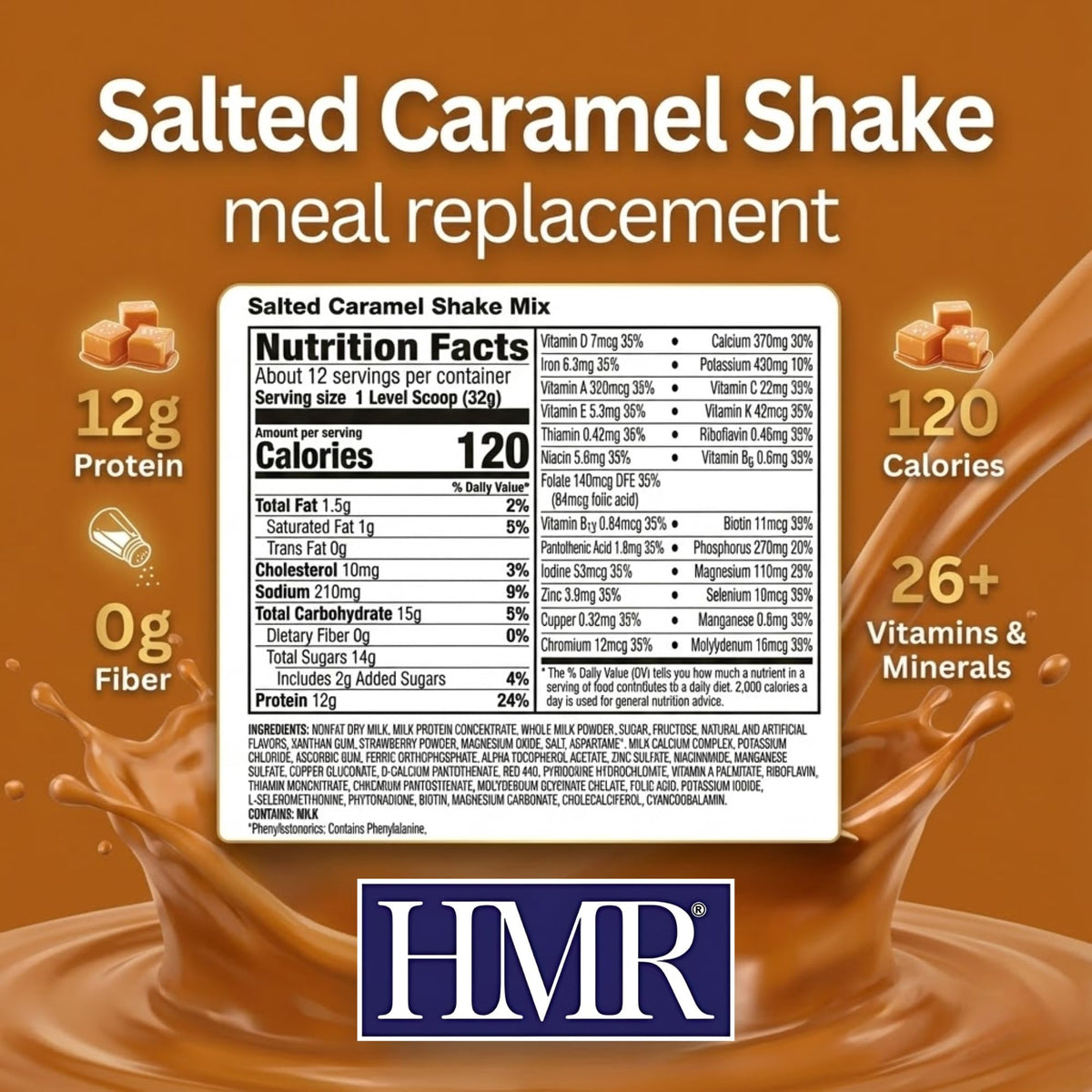 HMR 120 Shake Meal Replacement Powder – Salted Caramel, 12g Protein, 120 Calories, 12 Servings