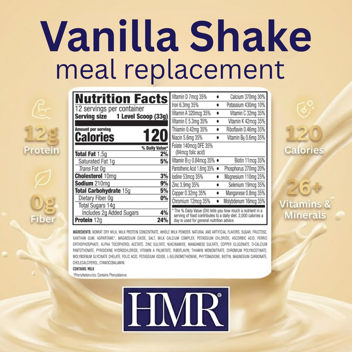 HMR 120 Shake Vanilla Meal Replacement Powder | 120 Cal, 12g Protein | 2 Pack