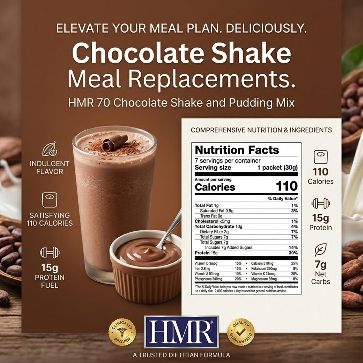 HMR 70 Plus Chocolate Shake & Pudding Mix – Lactose-Free, 15g Protein, Low Calorie