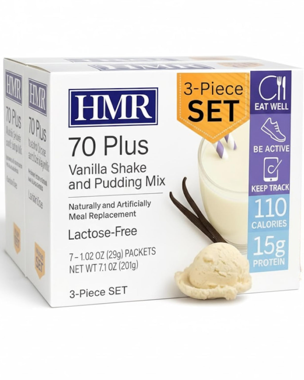 HMR 70 Plus Vanilla Shake & Pudding Mix — Lactose-Free Meal Replacement, 15g Protein, Low Calorie, 3-Pack