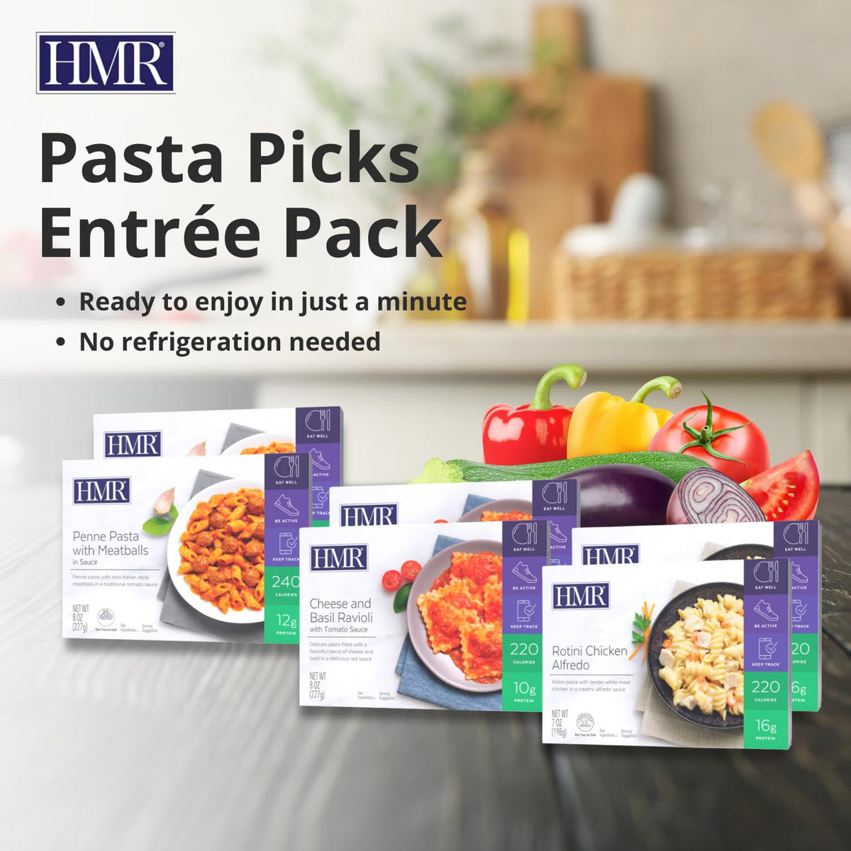 HMR Pasta Picks Entrée Pack — 6-Pack Ready-to-Eat Italian Meals, 10-16g Protein