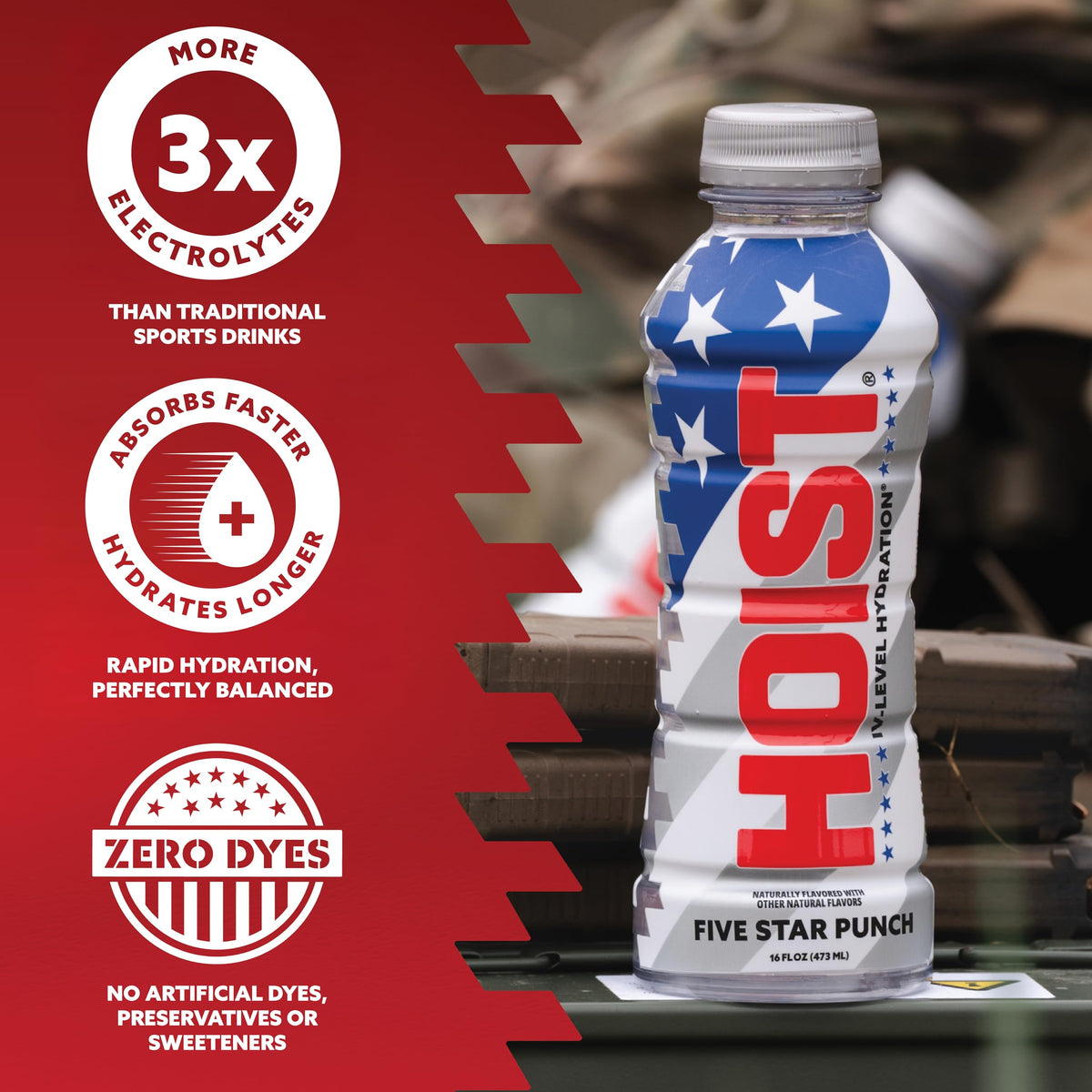 HOIST Premium Military Hydration Electrolyte Drink – IV-Level Hydration, Dye-Free, Five Star Punch, 16 Fl Oz (Pack of 12)