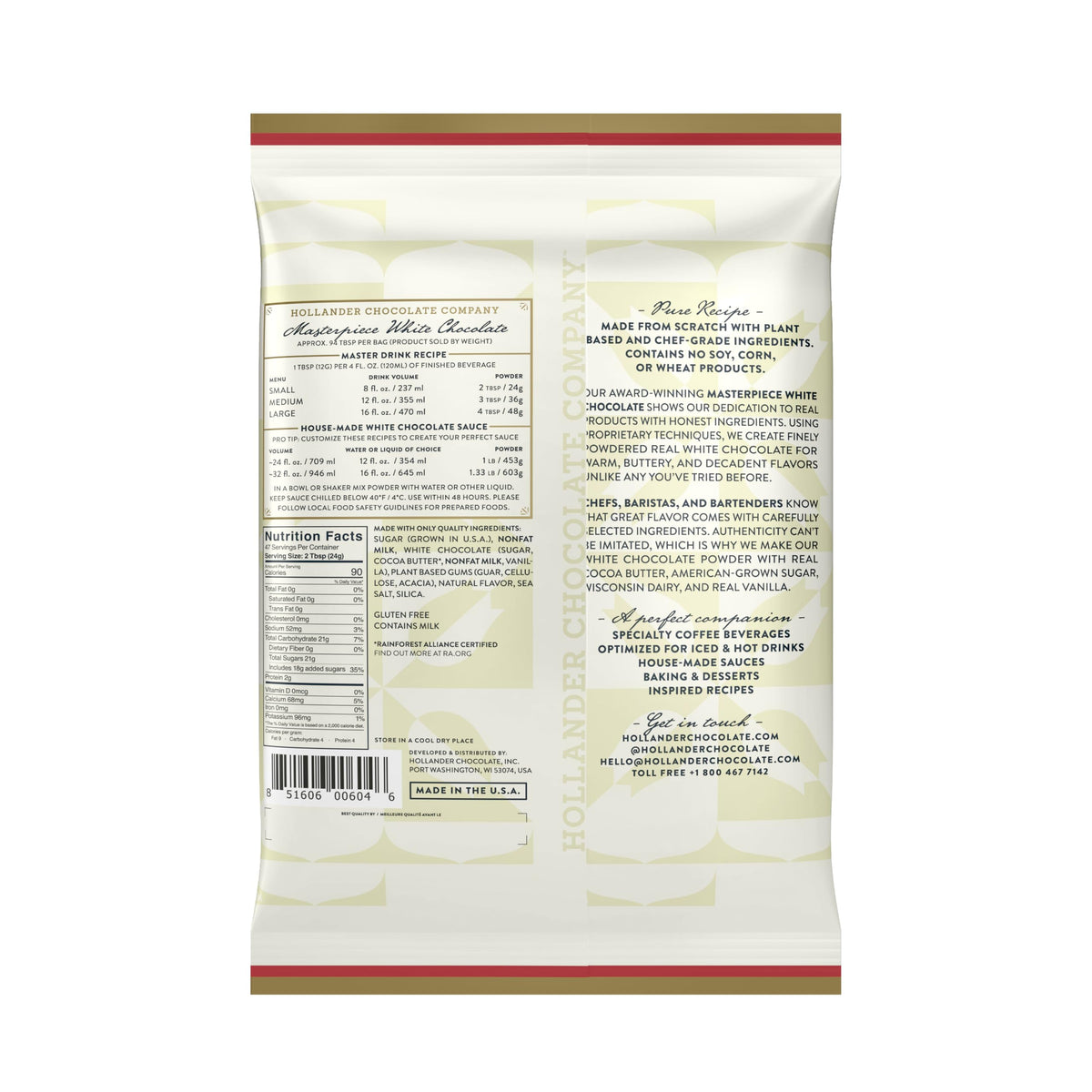 Hollander Masterpiece White Chocolate Powder – 2.5lb Bag | Real White Chocolate, Clean Label