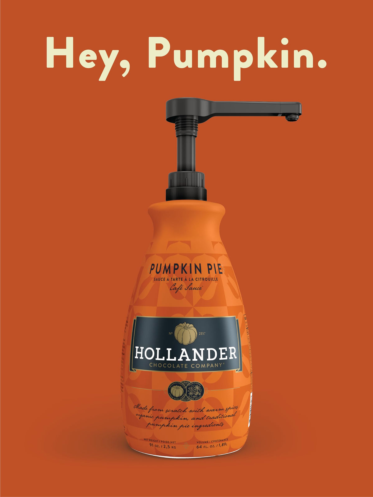 Hollander Pumpkin Pie Sauce — Organic Pumpkin, Warm Spices, 91 oz Bottle with Pump