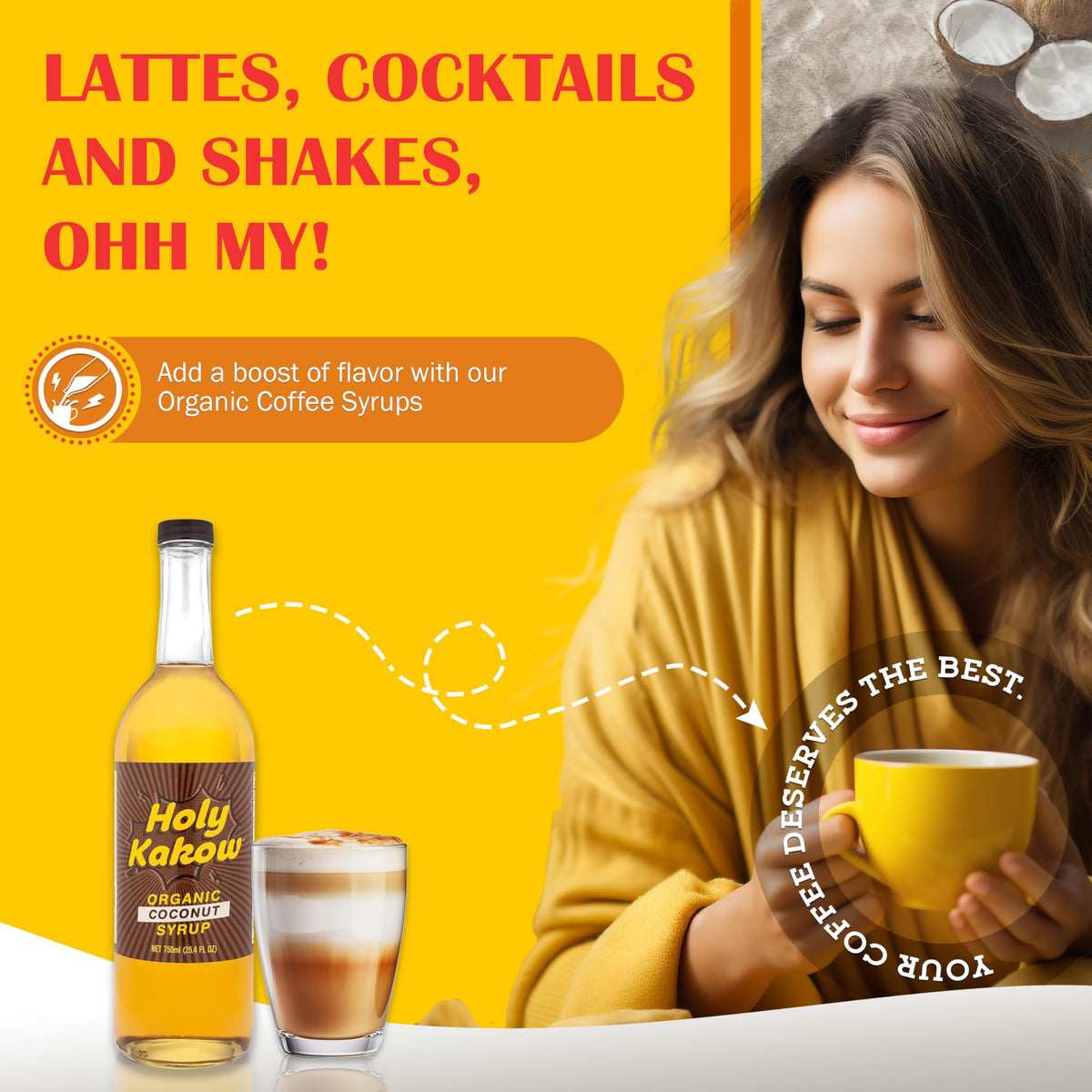 Holy Kakow Cafe Organic Coconut Syrup - Real Food Ingredients, 750ml for Coffee, Latte and Cocktails