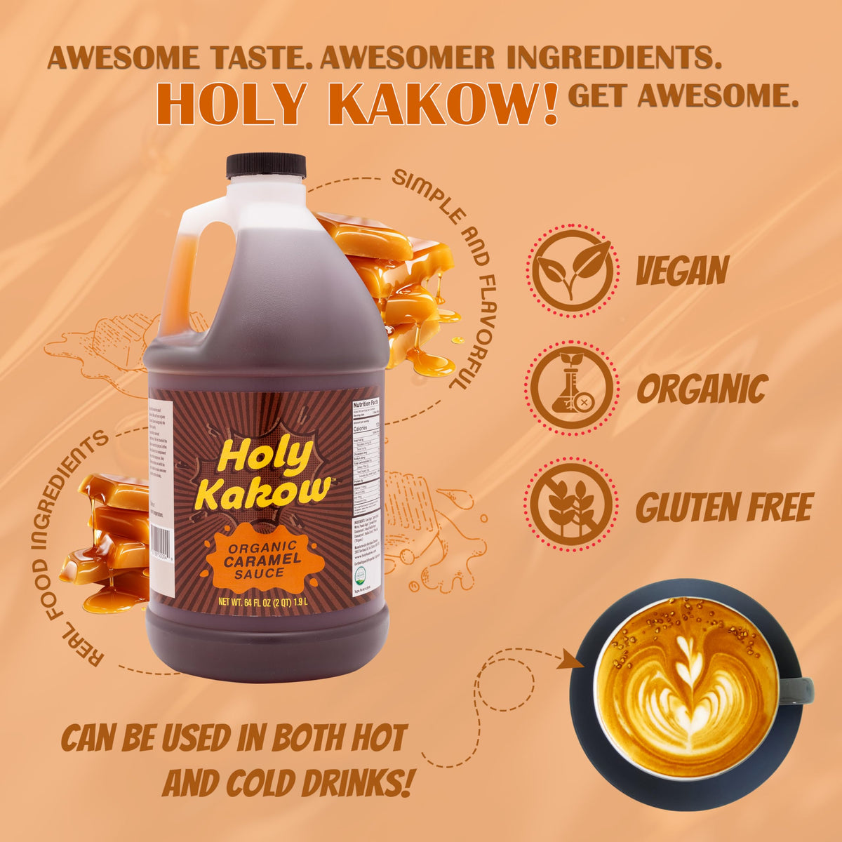 Holy Kakow Organic Caramel Sauce - Vegan, Dairy-Free, Gluten-Free, 64 Oz