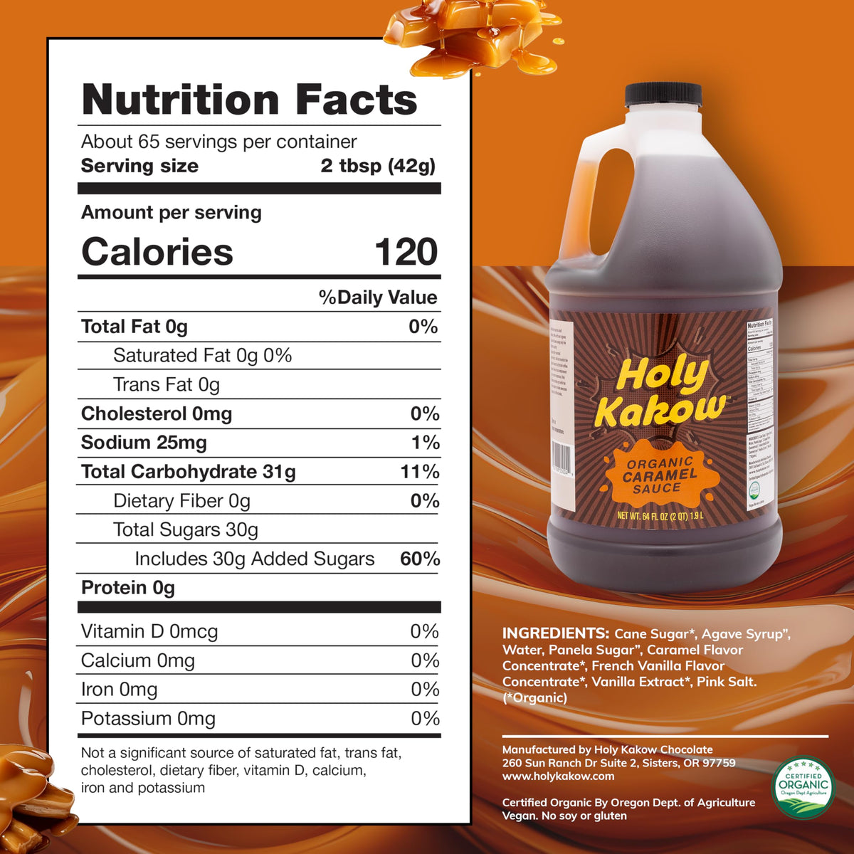 Holy Kakow Organic Caramel Sauce - Vegan, Dairy-Free, Gluten-Free, 64 Oz
