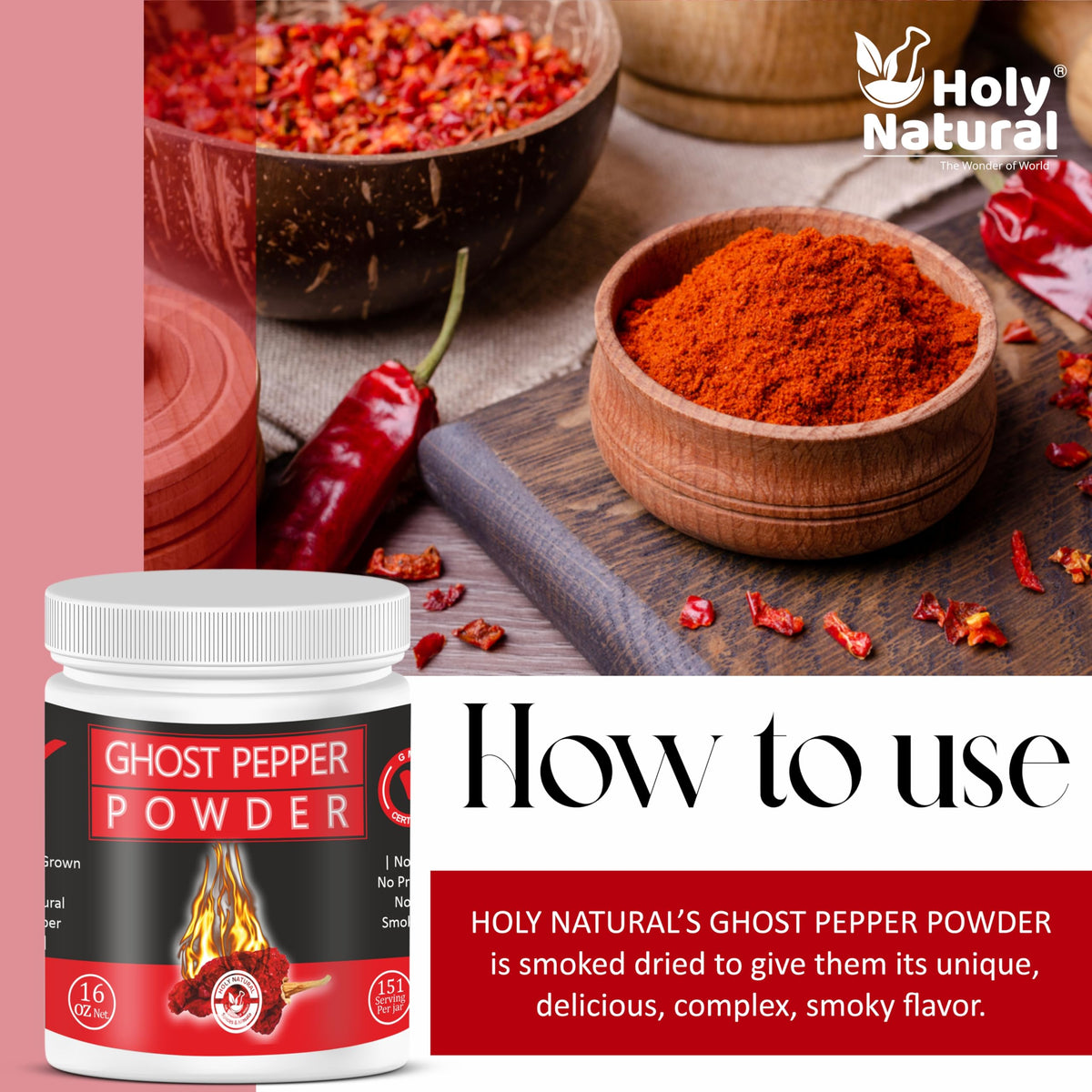 Holy Natural Ghost Pepper Powder (Bhut Jolokia) – 16 oz / 454 g, 100% Pure, Smoked, Hottest & Smoky Chili Powder