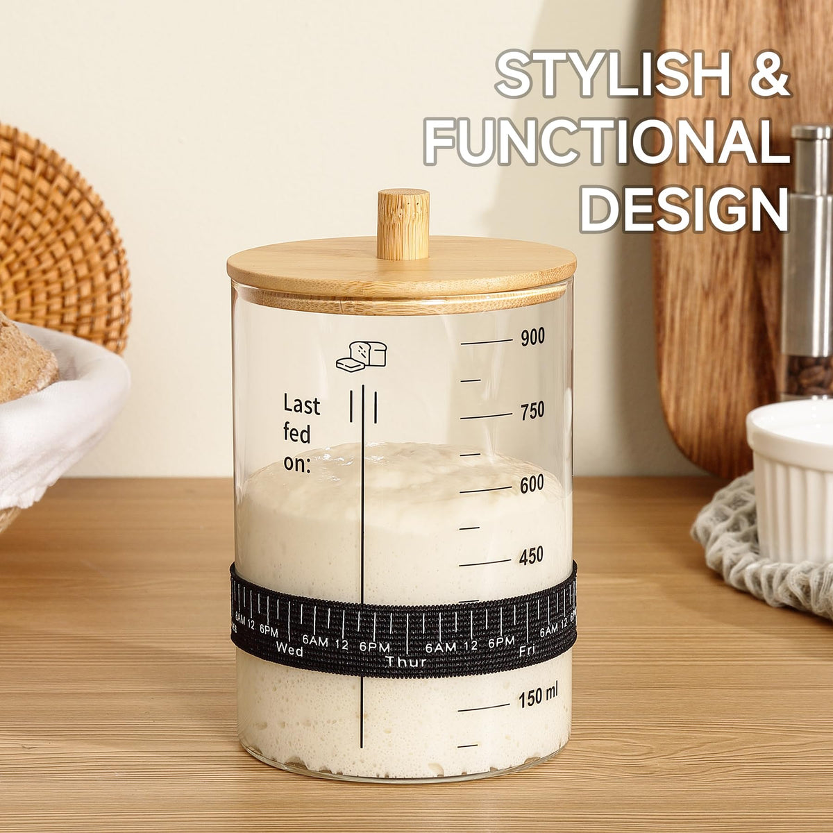 HomeFeel Premium Sourdough Starter Jar – 34 Oz Glass Kit with Bamboo Lid, Cloth Cover & Accessories (2 Pack)