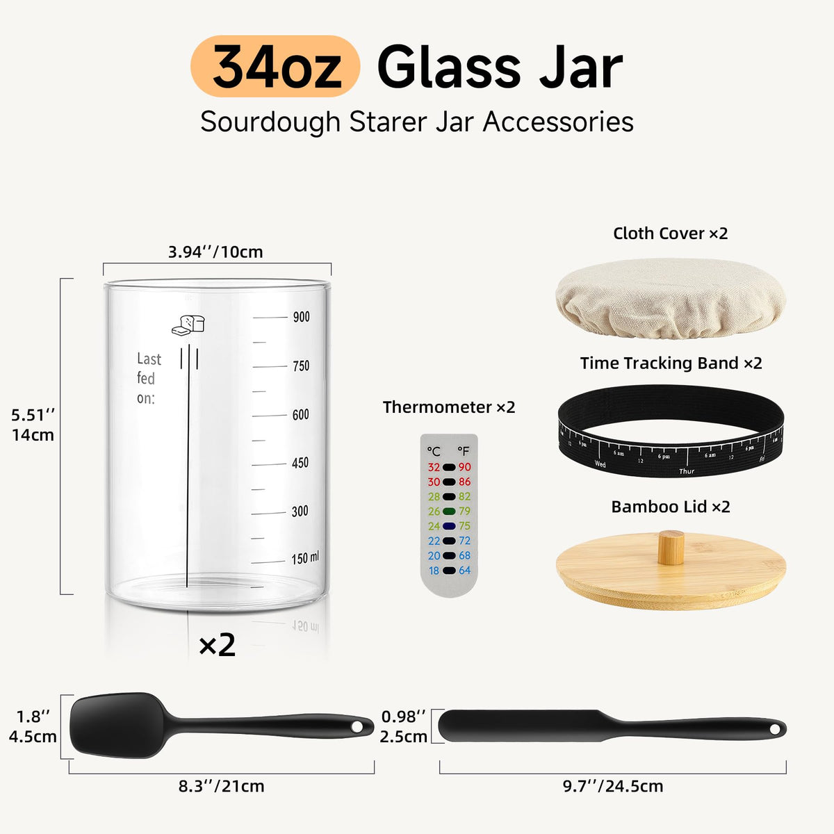 HomeFeel Premium Sourdough Starter Jar – 34 Oz Glass Kit with Bamboo Lid, Cloth Cover & Accessories (2 Pack)