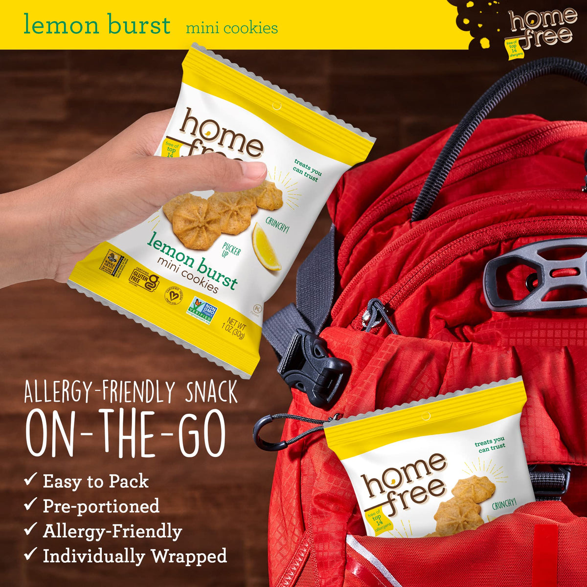 Homefree Lemon Burst Mini Cookies – Gluten Free, Nut Free, Vegan, 10 x 1oz
