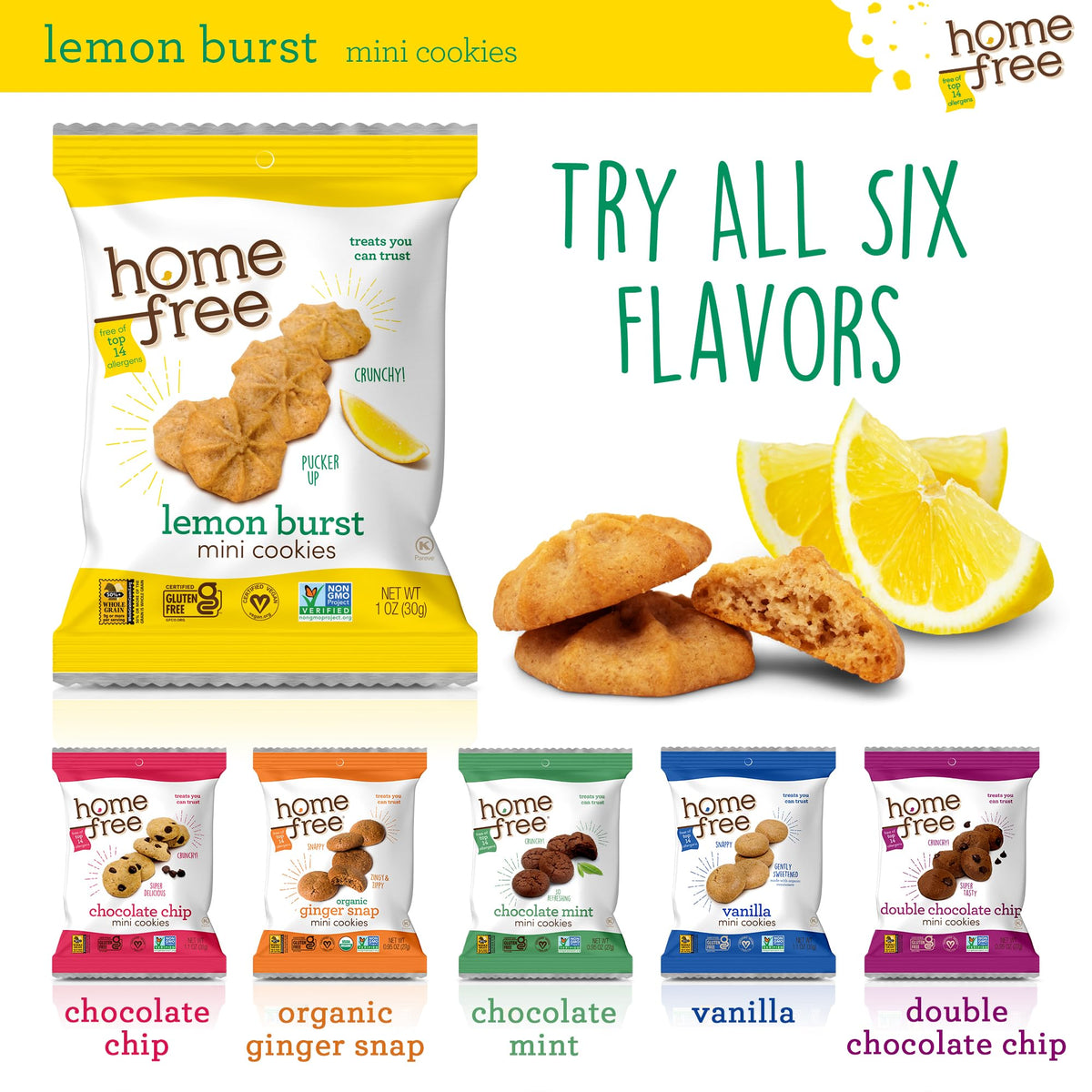Homefree Lemon Burst Mini Cookies – Gluten Free, Nut Free, Vegan, 10 x 1oz