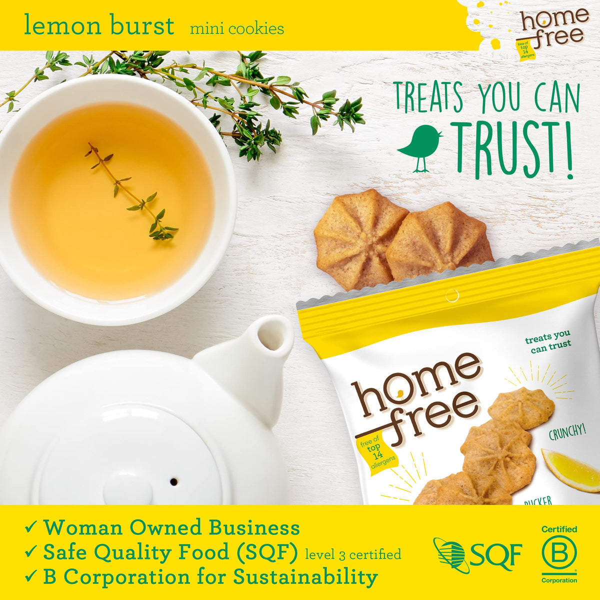 Homefree Lemon Burst Mini Cookies – Gluten Free, Nut Free, Vegan, 10 x 1oz