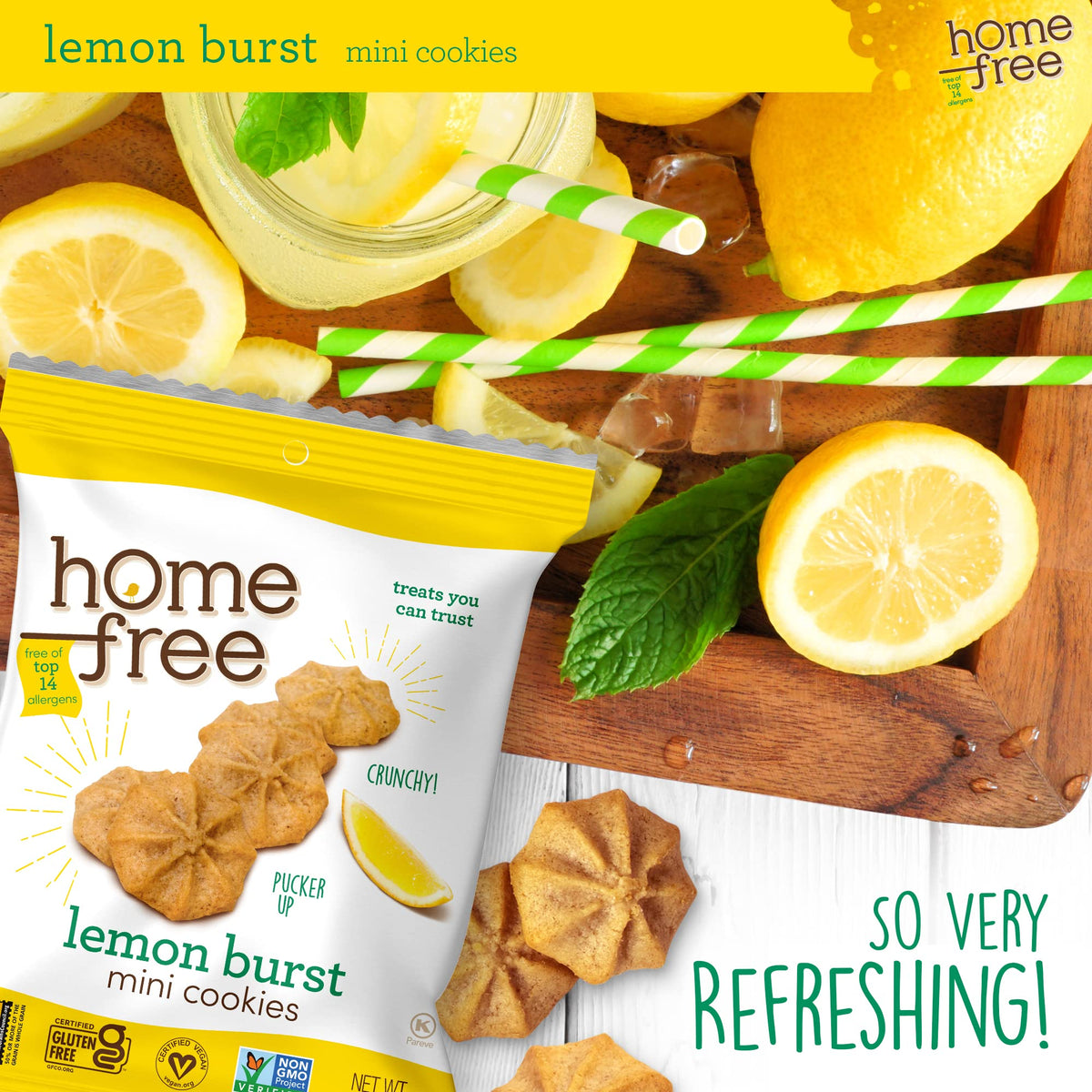 Homefree Lemon Burst Mini Cookies – Gluten Free, Nut Free, Vegan, 10 x 1oz