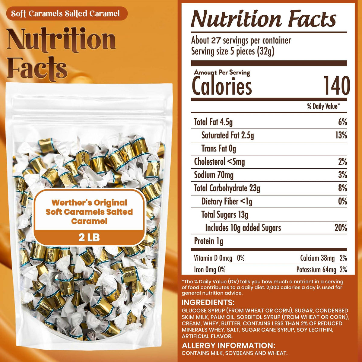 Hominics Werther's Soft Salted Caramel Filled Candy – 2lb Bag, Indivdually Wrapped
