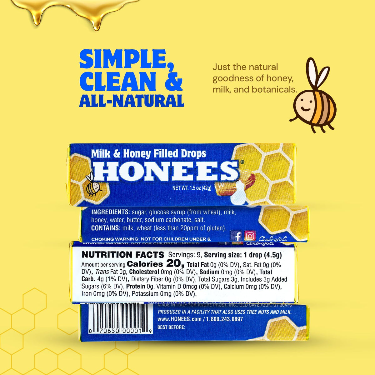 Honees Milk & Honey Cough Drops – Natural Throat Lozenges, 216 Drops (24 Bars)