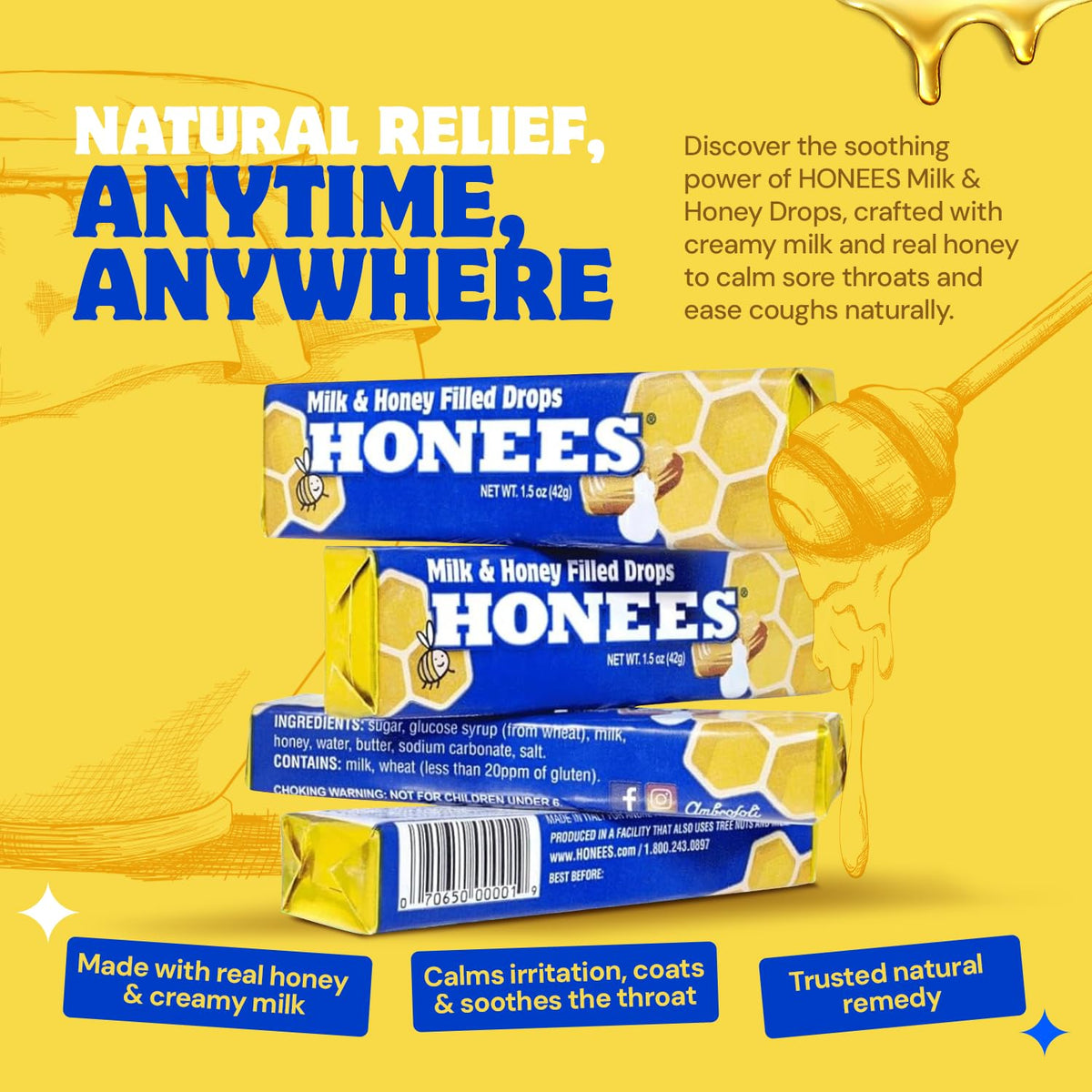 Honees Milk & Honey Cough Drops – Natural Throat Lozenges, 216 Drops (24 Bars)