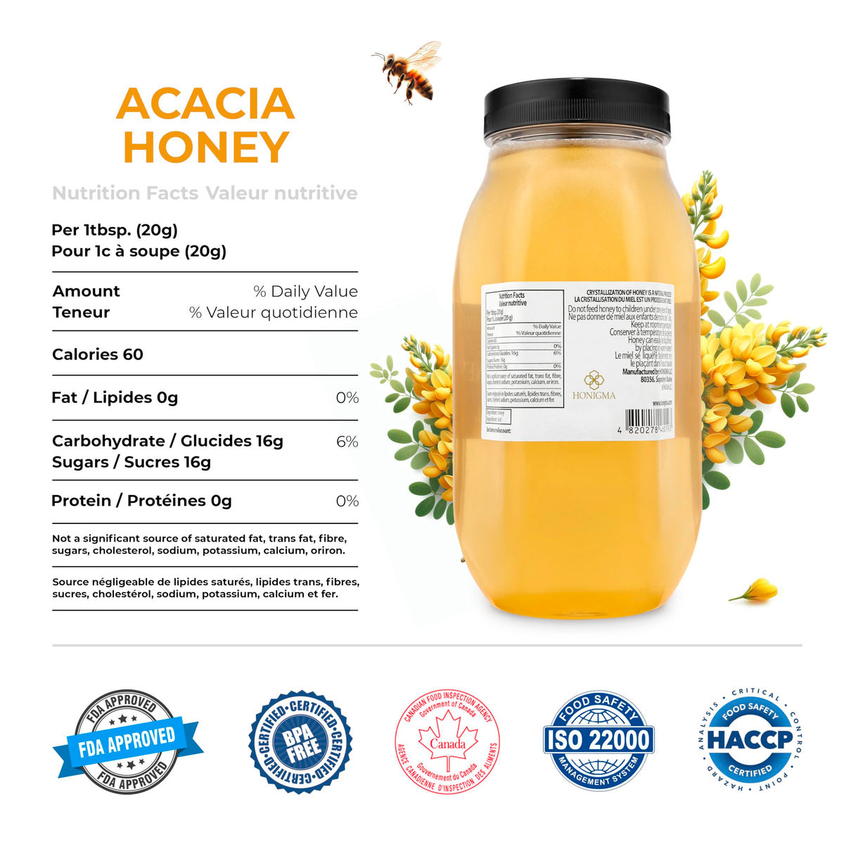 HONIGMA Marma Acacia Honey - Raw Ukrainian Honey - 1000g / 35.2oz - Pure & Unpasteurized