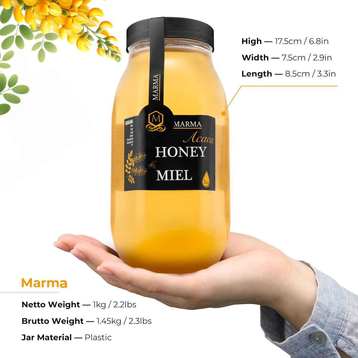 HONIGMA Marma Acacia Honey - Raw Ukrainian Honey - 1000g / 35.2oz - Pure & Unpasteurized