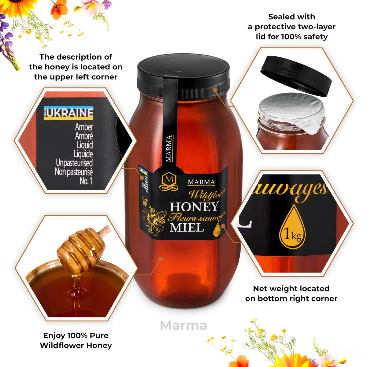 HONIGMA Marma Wildflower Honey – 2x1000g Raw Ukrainian, Unpasteurized