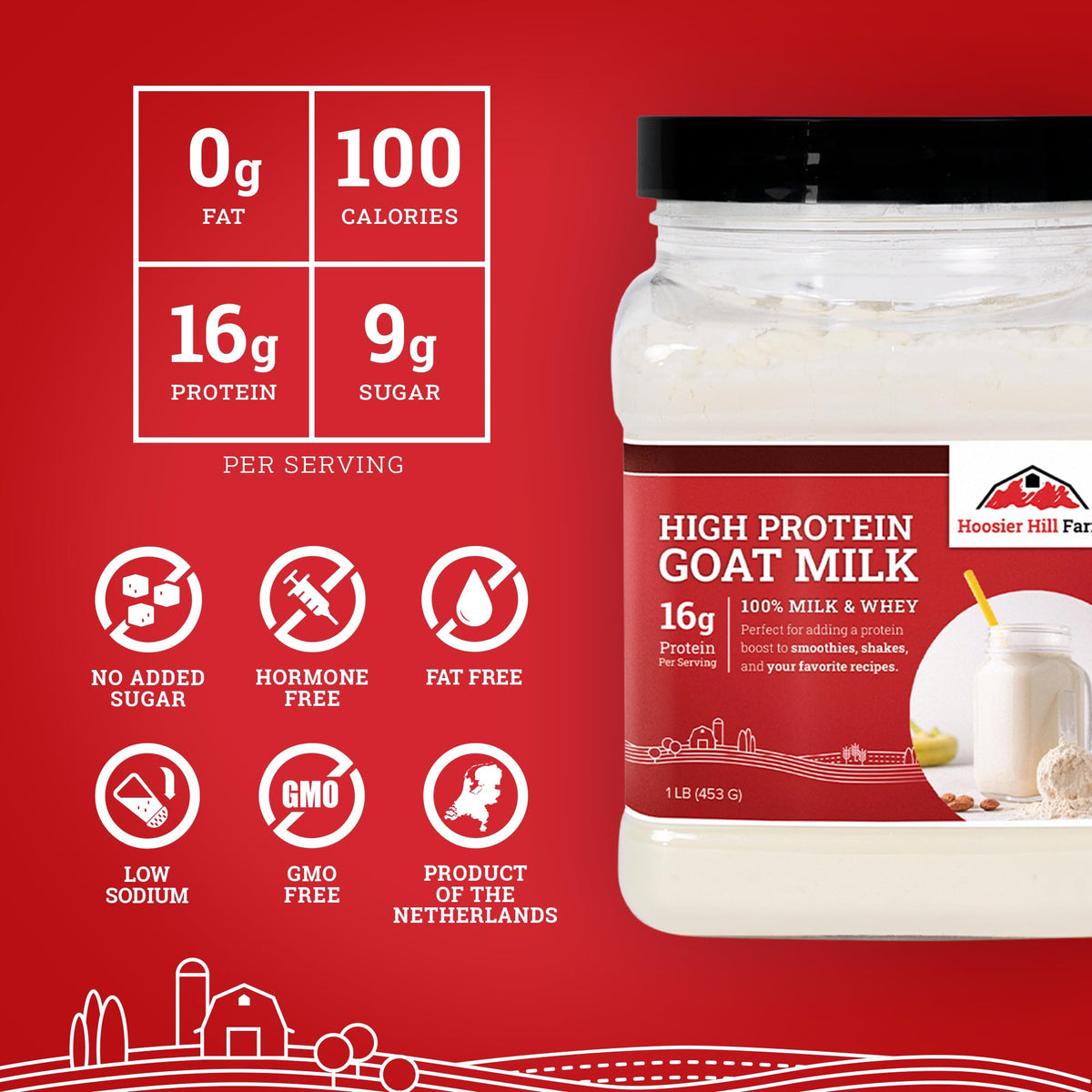 Hoosier Hill Farm High Protein Goat Milk Powder – 1 lb | 16g Protein per Serving