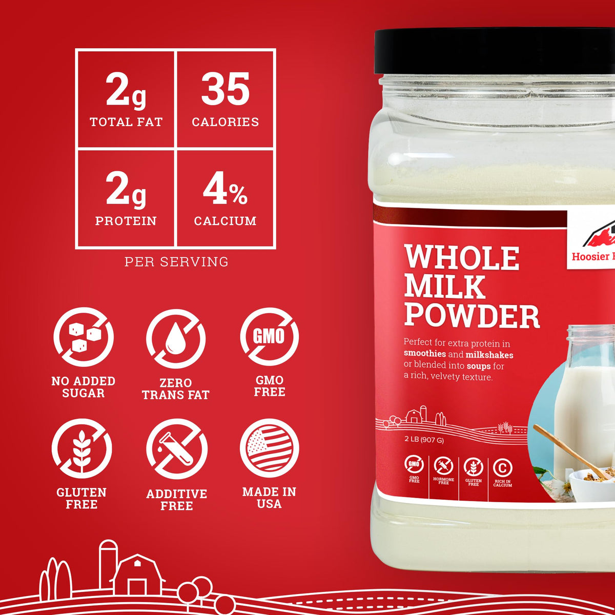 Hoosier Hill Farm Whole Milk Powder, 2LB – Hormone-Free Dairy Powder for Cooking & Baking